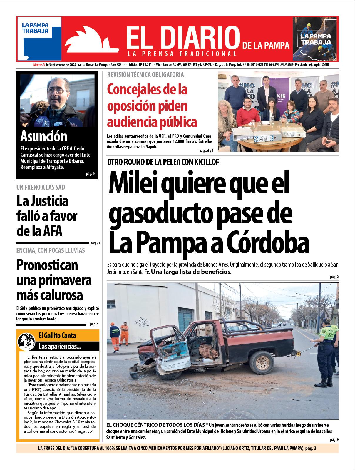 Tapa de El Diario en papel  martes 03 de septiembre de 2024